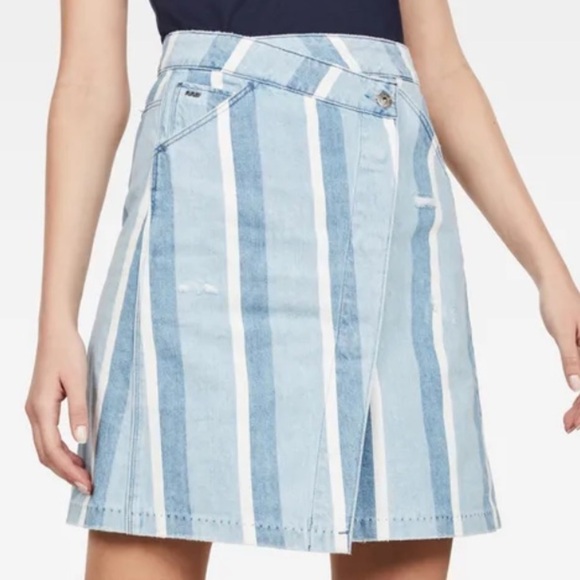G Raw blue Stripe Denim distress Wrap Mini Skirt 27 asymmetrical medium - Picture 12 of 12